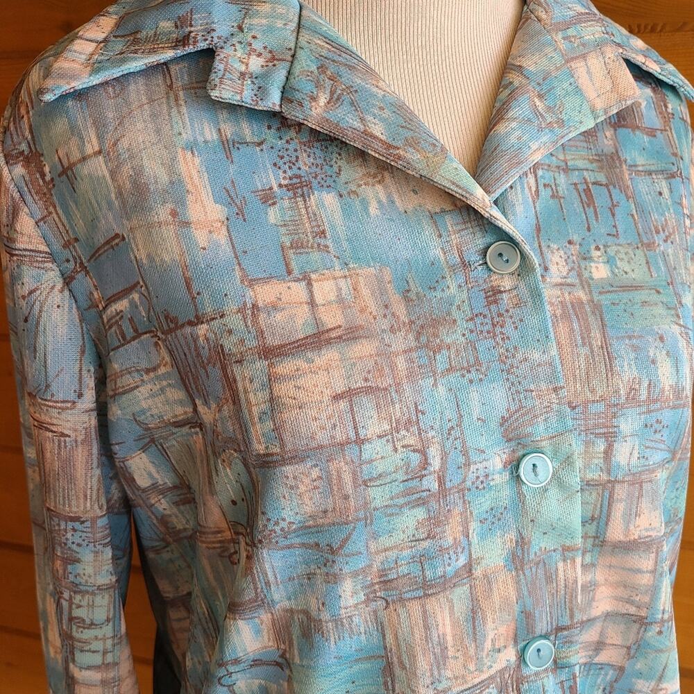 Vintage Blouse Top 70's MCM Blue Art Deco Retro Button Down Collared Shirt USA - Picture 3 of 4